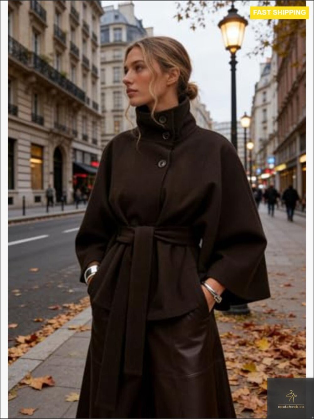 Wool Blend Pea Coat with Batwing Sleeves and Belted Waist Cropped Jacket Winter - Picture 5 of 7